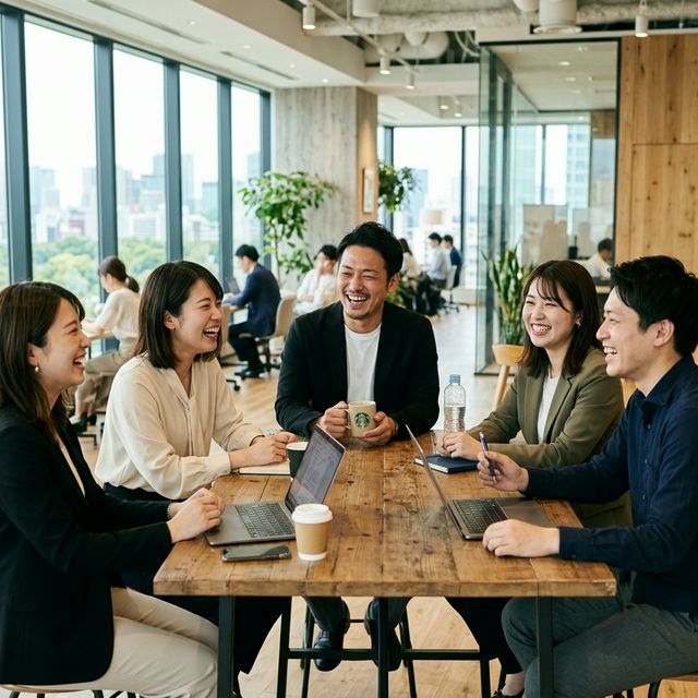 現代のオフィスで笑い合っている日本人ビジネスマン