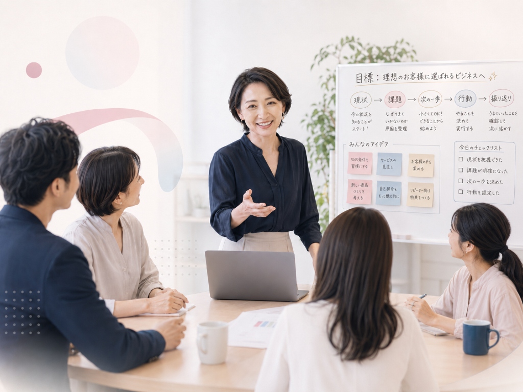 ホワイトボードの前で目標を指し示し笑顔で話す女性とミーティング参加者